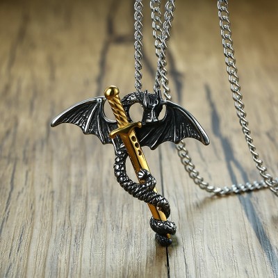 Pterosaur Gold Tone Sword Pendant Necklace for Men Stainless Steel Dragon Punk Game of Throne Vintage Male Jewelry 24 Chain