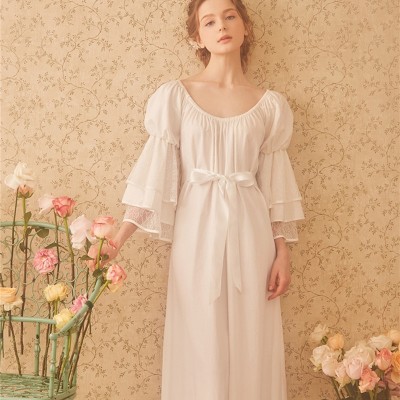 Ladies sleepwear Cotton princess nightdress Classical royal nightgown  Puff sleeve Mid-calf round neck sleepwear