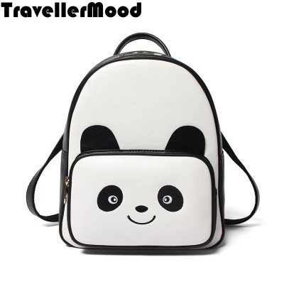 Women backpack new fashion PU leather cartoon panda printing vintage travel bags school bags TravellerMood 