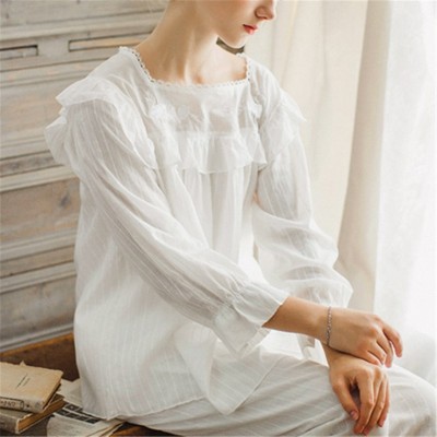 2PCS Women Girl Spring Summer Autumn Cotton Pajama Sets Long Sleeve White Sleepwear Female Homewear Indoor Clothing Negligee