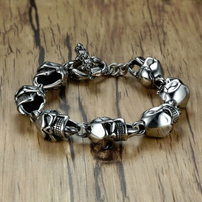 Men Skull Bracelets Stainless Steel Skulls Head Chain Bangle Bracelet Gothic Punk Biker Jewelry Silver Color pulseira calavera