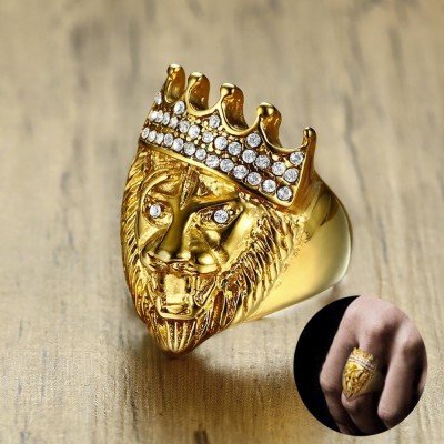 Mens Hip Hop Gold Tone Roaring King Lion Head and Crown CZ Ring for Men Rock Stainless Steel Pinky Rings Male Jewelry