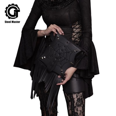 Gothic Steampunk Retro Rock Bag Fashion Men Women Tassel Shoulder Bag Phone Case Holder Black PU Leather Messenger Bag 2019