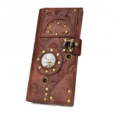 Steampunk Brown Female Long Gear Movement Wallets Leather Men Women Buckle Rivet Coin Purse European Card Holder Mobile Phone Bag