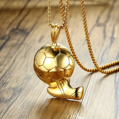 Shoe with Soccer in Gold Tone Pendant Necklace for Men Stainless Steel Male Jewelry Football Shoes Sports Souvenir Gift 24 Inch