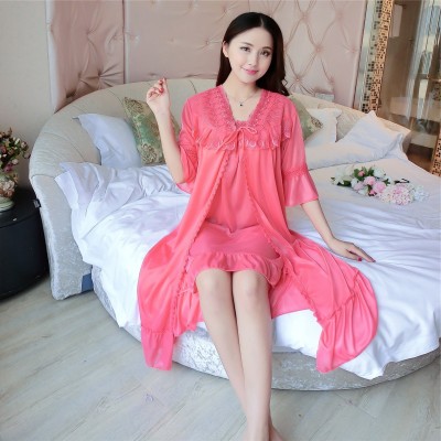 Deep V Neck Women Satin Nightgown Lace Sleepwear Half Sleeve Ladies Silk Nightwear Sleep Wear Night Gown Dress + Outwear