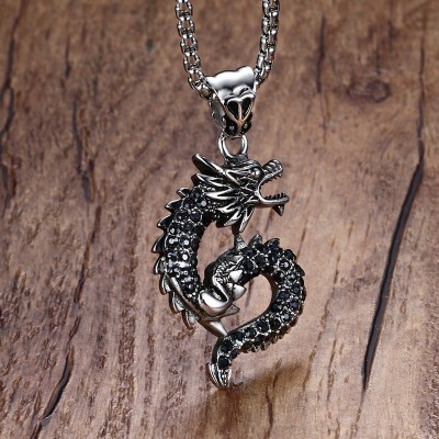 Mprainbow Mens Necklaces Stainless Steel Dragon Pendant inlay Black CZ Necklace for Men Vintage Punk Fashion Animal Jewelry