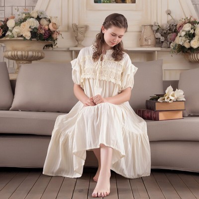 Nightwear Women Vintage Sleepwear Summer Lace Cotton Nightgown Sweet Princess Sleepwear Long Dress 2019 NEW