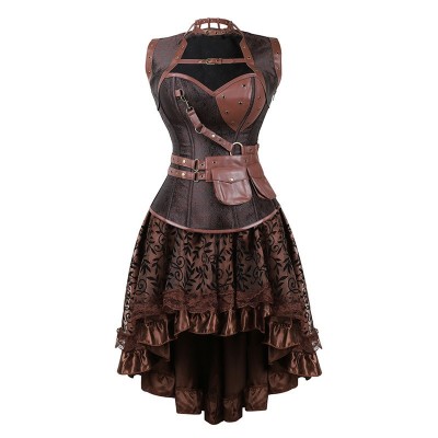 Womens Sexy Gothic Steampunk Corset Dress Leather Overbust Corsets and Bustiers Skirt Party Waist Trainer