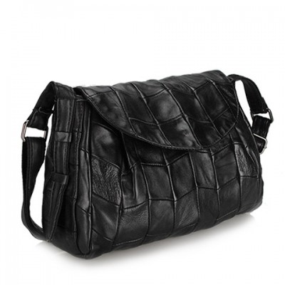 Fashion Soft Sheepskin Large Flap Genuine Leather Women Black Solid Cover Designer Handbag Cross-body Shoulder Messenger Bag 