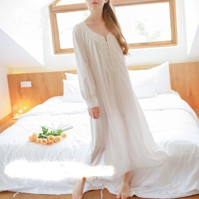 Cotton Nightgown Vintage Royal Sleepwear Long-sleeve Women Nightwear  White Pink Nightdress Comfortable fabrics