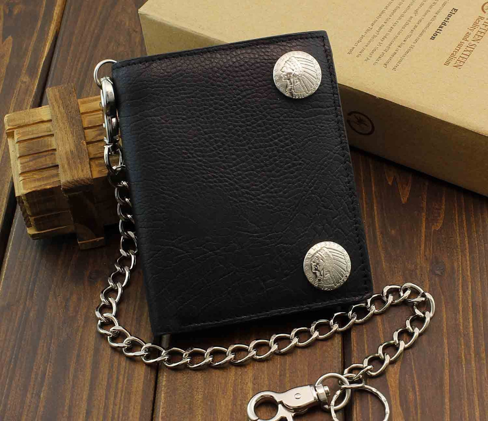 New Men/'s Biker Rocker Long Genuine Leather Zipper Wallet w// Purse Chain Black