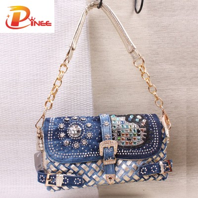 Rhinestone Handbags Designer Denim Handbags fashion diamond women shoulder bags designer handbags high quality woven  jean bags brand