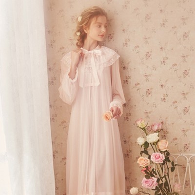 Lace Robe Women Summer Long Gowns Sexy Bathrobe Bride Morning Gowns Long Sleeve Robe Set Elegant goddess Sleepwear Gown 2 pcs