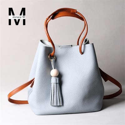 New Korean Fashion Tassels Bead Soft Litchi Cow Genuine Leather Bucket Bag Composit Bags For Women Tote Crossbody Shoulder Bags 