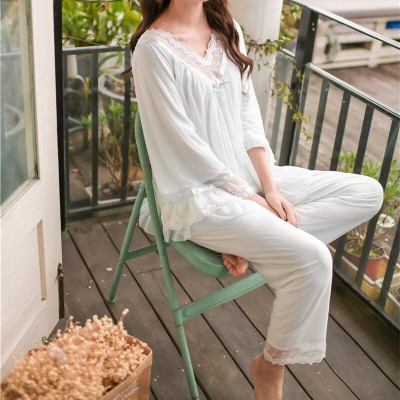 2019 Vintage V-Neck Long Pajama Set Spring Summer Sleepwear Women Home Wear Cotton Lining Pyjamas Femme Indoor Clothing T445