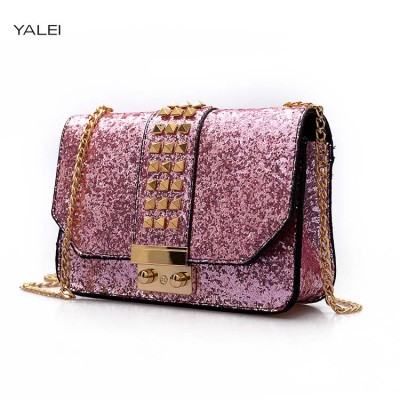 Sexy Bags YALEI  New luxury women colorful handbags ladies sparkling sexy chain flap bags female mini Rivets shoulder messenger bags