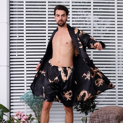 Two-piece Suit Male Silk Dressing Gown  Extra large Robe With Dragons Mens Satin Bathrobe Silk Kimono Men 1287