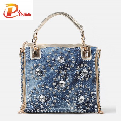 Rhinestone Handbags Designer Denim Handbags Gold and Sliver denim jean casual women handbags designer weaving shoulder bags rhinestone decorative womens messenger bag totes