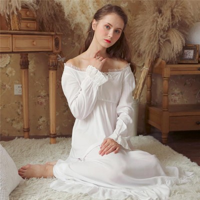 Sexy Slash Lace Up Sleep Wear Night Dress Vintage Nightgown Long Sleeve Nightdress White Cotton Sleepwear Women Nightshirt