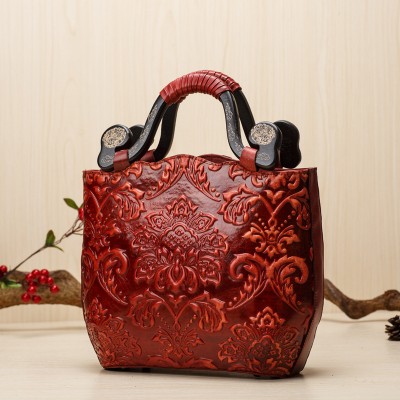 Fashion Embossed Woman Tote Genuine Leather Women Shoulder Bags Style Vintage Lady Handbags National Red Totes Sac Femme 