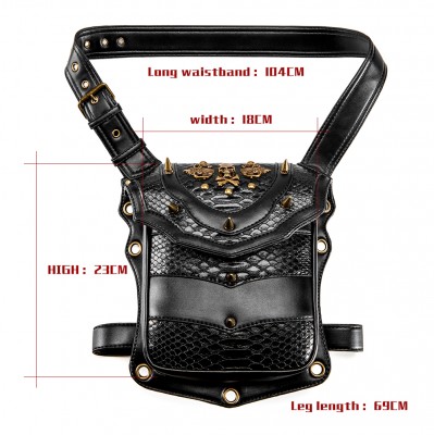 Fashion Punk Waist Bag PU Leather Men's Chest Bag Gothic Black Belt Bag Rivet Moto Biker Shoulder Bag Steampunk Waist Pack