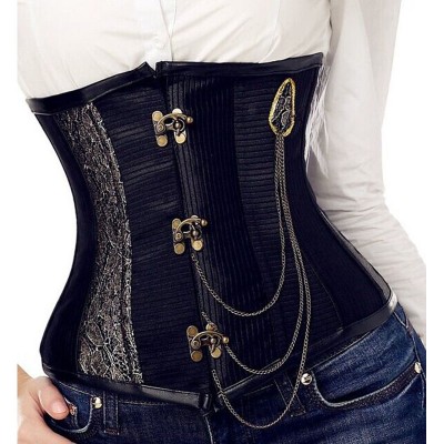 2019 Steampunk Gothic Women Waist Cincher Corselets Black Corsets And Bustiers Satin Underbust Corset With Chains