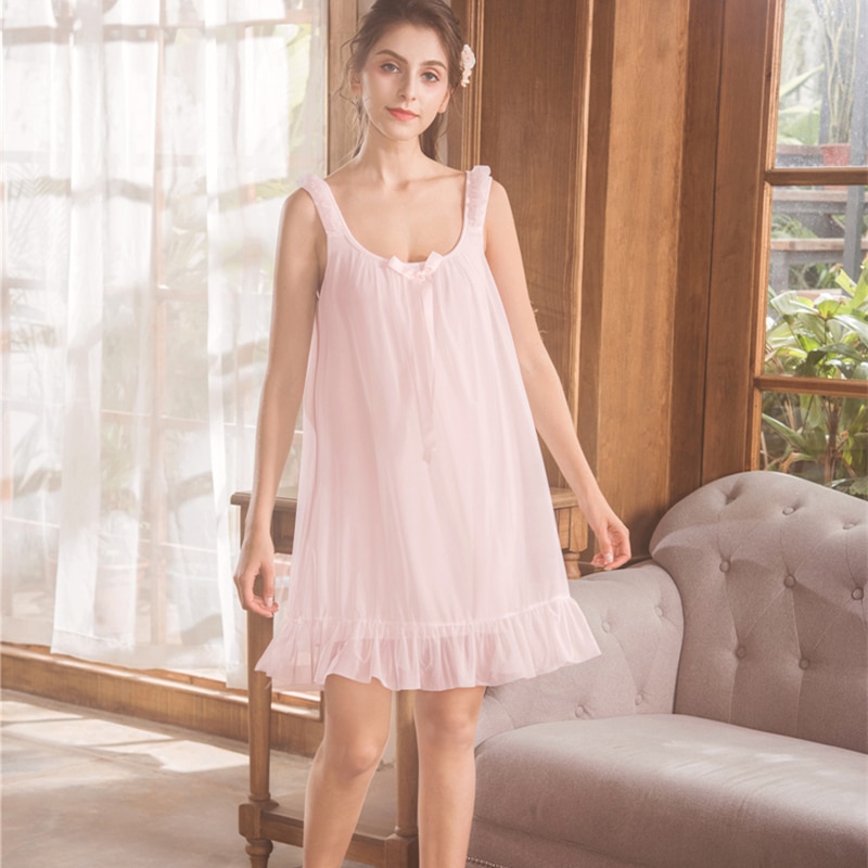 New Summer Nightgown Women Short Dress Lady Princess Nightdress Lovely Lace Sleepwear Sleeveless 