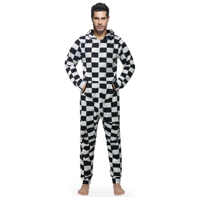 New Arrival Pajamas Men Onesies Hooded Male Jumpsuits With Hat Loose Casual Style 3d Print White Black Plaid Large Size