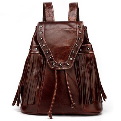 Vintage Brown Genuine Leather Women Mini Backpack Ladies back pack Stud Rivet backpacks for teenage girls