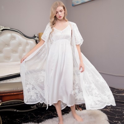 Sexy Lace Robe Lady White Lace Robe Suit Elegant Robe Two piece Women Long Bathrobes Suit Hot sale