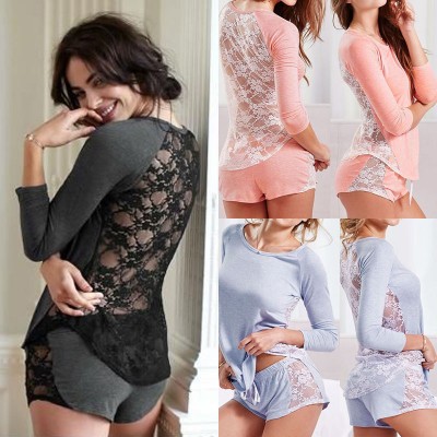 Tops Sleeve Shorts Pajamas Set wear Pajamas Clothing Set Outfits Women Ladies Cotton Lace Sleepwear Nightwear