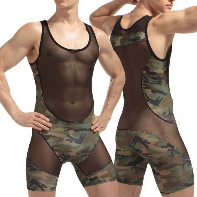 Onesie Pyjamas Mens Sexy Round Neck Sleeveless Underwear One-piece Sexy Mens Underwear Mesh Camouflage Underwear Adults Onesie