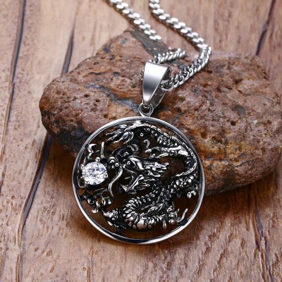 Mens Vintage Necklaces Stainless Steel Hollow Carved Dragon with CZ Amulet Pendant Necklace Men Boy Hiphop Bike Jewelry collares