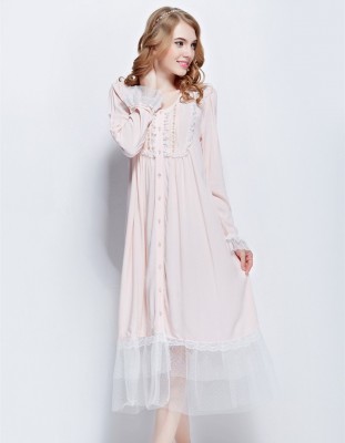 Sleepwear female autumn thin cotton silk pink laciness usuginu sweep open front long-sleeve nightgown plus size long design