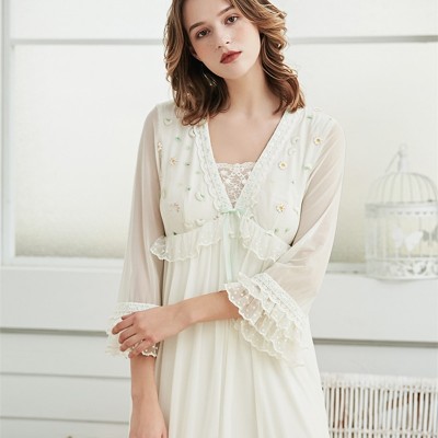 Long Nightown Lace Embroidered Woman Homewear Gowns Gentlewoman Ladies Elegant Sleepwear Dress Nightgown Unique Design