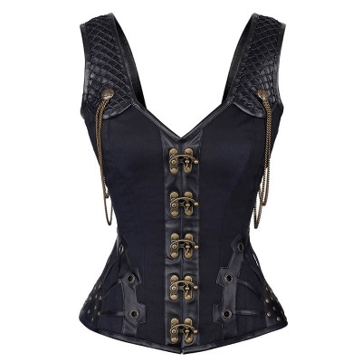 Gothic Women Steampunk Leather Corset Black Sexy Brocade Corsage Vintage Slimming Waist Metal Clasp Closure Chains Vest Corsetto