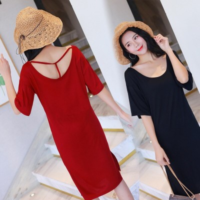 Summer soft modal casual dress women loose hollow short-sleeved nightdress T-shirt sexy dress female sleepshirts sleepdress