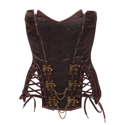 High Quality Plus Size S-6XL Fashion Brown Overbust Gothic Corset Womens Chain Steampunk Corsets Bustiers Lingerie With Zipper