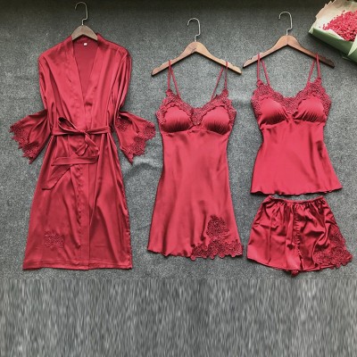 Satin Sleepwear Female with Chest Pads Sexy Women Pajamas Lace Slik Sleep Lounge 4 Pieces Sets Elegant Ladies Indoor Clothing