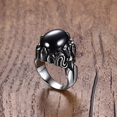 Mens Stainless Steel Vintage Oval Black Stone Ring for Men Hiphop Style Party Biker Male Jewelry Silver anel
