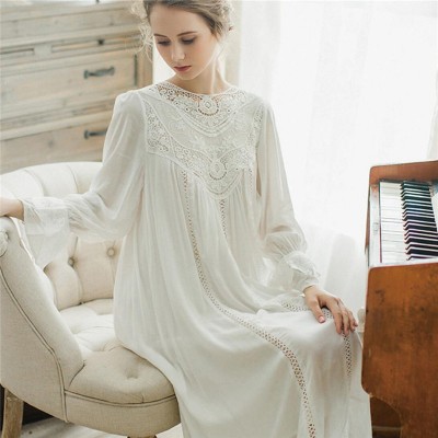 Women Sleepwear Lace Long Sleeves Vintage Princess Sleep Lounge Dress Light Blue Elegant Summer Cotton Nightgowns Plus Size