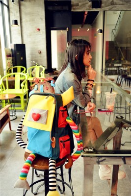 Creative robots love candy color splicing hit color handmade canvas backpacks shoulder bags computer bags travel bags