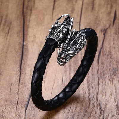 Mens Stainless Steel Dragons Head Elastic Braided Leather Open Bracelet Cuff Wristband Men Punk Bike Vintage Male Jewelry