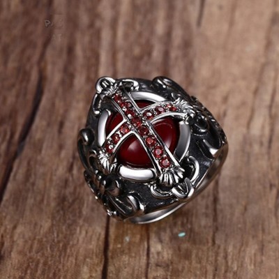 Mens Vintage The End Time Cross Rings With Blood Red Inner Zircon Stones Stainless Steel Punk Male Jewelry Sizes 7-12