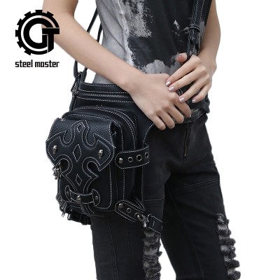 Steelsir Retro Rock Skull Black Leather Casual Waist Bags Steam Punk Messenger Fashion The Cross Men And Women Travel Bags 