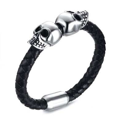 Mens Genuine Leather Double Skull Bracelet Stainless Steel Magnetic Clasp Wristband Bangle Punk Bike Fashion Jewlery bileklik