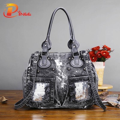 Vintage Denim Shoulder Handbags 2019 New Fashion Retro Paillette Women jean Bag handbag ladies cool Denim bag shoulder bag Messenger Bag