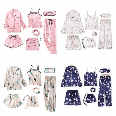 Pink Womens 7 Pieces Pajamas Sets Emulation Silk Striped Pajamas Women Sleepwear Sets Spring Summer Autumn Homewear