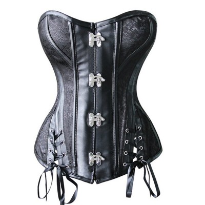Sexy Gothic Inspired Waist Trainer Corset Side Lace Up Spiral steel buckles Black Leather Corsets And Bustier Steampunk Cosplay
